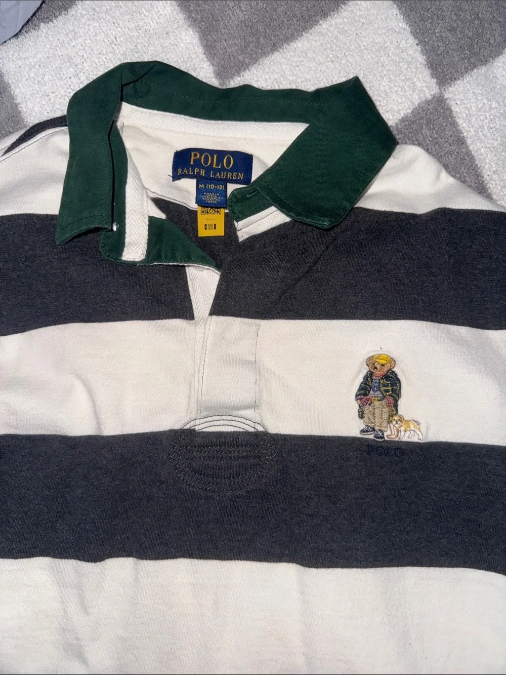 Polo by Ralph Lauren Black & White Striped Rugby with Green Collar- Youth Medium